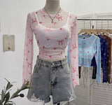 Real Shooting Bow Print Bare Back Net Yarn Sunscreen Long-Sleeved T-Shirt Hottie With Chest Pads Two Short Tops