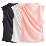 Spring Pleated Sleeveless Blouse With Round Collar 2728636-Outfit