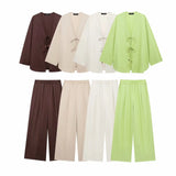 Fongt Summer New Women's Casual V-Neck Bow Tie And Suit Top Straight Trousers Set