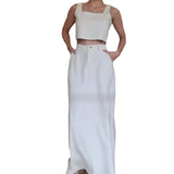 Fongt 2024 New Square Collar Short Sleeveless Sling High-Waisted Skirt Casual Suit-Outfit