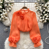 Fongt Shirt Female Design Sense Small Three-Dimensional Flower Bubble Sleeves To Reduce The Age Of Pure Color Chiffon Shirt Women's Long-Sleeved Top