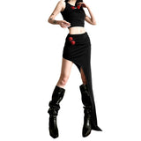 Fongt Winter Women's Embroidered Sleeveless Crop Vest Irregular Skirt Suit-Outfit