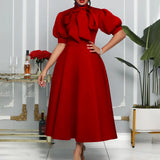 Fongt Large-Size Women's Summer New Bow Bow Pure Color Banquet Dress Skirt Short-Sleeved Dress