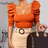Vintage Puff Sleeve Women Blouse Square Neck Korean Style Tops Elegant Sexy White Black Slim Crop Blouse
