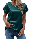 Women's Short-Sleeved Satin Shirt Loose Casual Round-Collar Satin T-Shirt Women's Spring / Summer 2024 New Style-Outfit