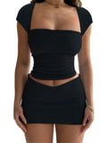 Women 2 Piece Outfits Short Sleeve Square Neck Slim Fit Solid T-shirts Tops High Waist Short Mini Pencil Skirts Sets-Outfit