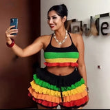 Fongt Striped Knitted Neck Top + Lotus Side Shorts Set Sexy Umbilked Fashion Two-Piece Set