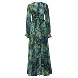 Fongt Spring Summer New Women's Dress V Collar Lantern Sleeve Red Leaf Print