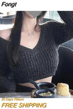 Korean Style Knitted Cropped Sweater Women Solid Slim Sexy Jumper Female Oversize V-neck Luxury Elegant Pullover