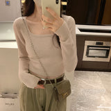 Short Soft Waxy Sweater With Square Collar And A New Short Long-Sleeved Blouse For Women In Autumn And Winter-Outfit