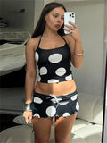 Black Polka Dot Halter Crop Top And Mini Skirt Set-Outfit