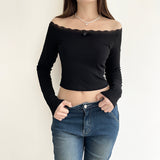 Cute Bow Black Slash Neck Crop Top Vintage 2000s Lace Patchwork Long Sleeve Basic T-shirt Women Casual Korean Fashion Tee-Outfit