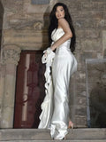 White Satin Flower Ruffles Midi Dress-Outfit