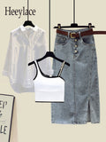Streetwear Three Pieces Set For Women Slash Neck Vest+long Sleeve Sunscreen Shirt+high Waist Side Split Denim Skirts