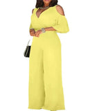 Spring Summer Women Jumpsuit Sexy Hollow Off Shoulder Romper V Neck Half Sleeve Solid High Waisted Belt Wide Leg