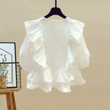 Women Summer Skirts Sets Korean Streetwear Two Piece Sets Ruffles Patchwork Shorts Sleeve Blouse And Irregular Long Skirts