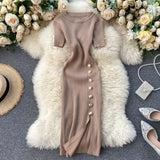 Fongt Summer New Knee Tight Elastic Knitted Dress Open Design Buckle Round Neck Dress Short Sleeve