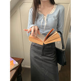Lace Trim Front Tie Long Sleeve Tee-Outfit