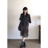 Fongt Collar Five-Sleeved T-Shirt Top Women Irregular Check-In Half Dress Korean Two-Piece