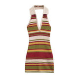 Fongt Spring And Summer Color Striped Knitted Dress Collar Hanging Neck V Collar Bodyed And Hip Dress Bare Back