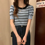 Fongt Ice Silk Striped Knitted Short-Sleeved T-Shirt For Women's 2023 Summer New High-Waisted Loose Bubble Sleeve Short