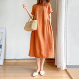 Fongt New Leisure Spring And Summer Loose Skirt Short Sleeve Round Neck Solid Cotton Linen Dress