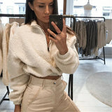 Fongt Autumn Zipper V-Neck Long-Sleeved Women's Coat Lamb Woolen Coat