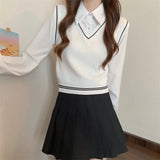 Fongt New College Style With Long-Sleeved Shirt Women's Short Splicing Fake Two Knitted Vest Tops Women's