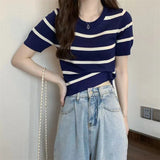 Fongt Striped Short-Sleeved Knitted Shirt 2024 Summer New Design Sense Small Loose Short Top In