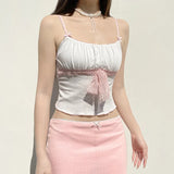 Fongt Girl Wind Draw Pleated Lace Lace Texture Vest Solid Color U Collar Slim Umbilical Small Sling-Outfit