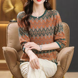 Fongt Early Autumn New Middle-Aged Mother Jacket Female Long Sleeve Loose Hollow Out Stripe Sweater Thin Bottom Sweater-Outfit