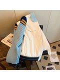 Knitted Contrat Color Patchwork Jacket Women 2023 Spring New Outwear Tops Korean Turn-down Collar Fashion