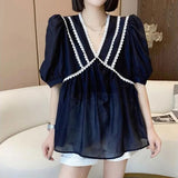 Lady Solid Color V-Neck Loose Chiffon Blouse Women's Clothing Short Sleeve Summer Lace Patchwork Casual All-match Shirt-Outfit