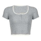 Fongt Desire Girl Wind Lace Splice Collision Color Pit Short-Sleeved T-Shirt Breasoned Slim Crop Top-Outfit
