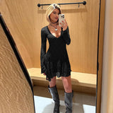 Lace Long Sleeve Hollow Out V-Neck Mini Dress-Outfit