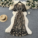 Fongt High-End Elegant Heavy Industry Flower Embroidery Round Collar Lantern Sleeves To Close The Waist Slim Slimmed Fishtail Dress Dress