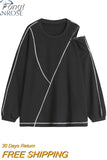 Women Korean Pullover Hoodies Irregular New Trendy Sense Of Design Autumn Solid Color Long Sleeve O-neck Pullover