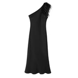 Street Style One-Shoulder Feather Long Slim Dress In Spring 2024-Outfit