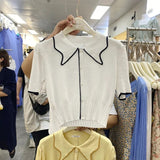 Summer Women Knitted Short Sleeve Patchwork Polo Collar Cropped T-shirts Girls Large Elastic Slim Tshirt Tees Crop Tops-Outfit