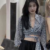 Retro V Neck Leopard Long Sleeves Shirt Women's Shirt Expose Navel Slim Sexy Temperament Bandage-Outfit