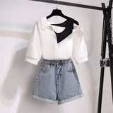 Women Summer Denim Shorts Sets 2022 Korean Casual Slash Neck Off The Shoulder Top And Shorts Two Pieces Sets For Women