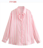 Fongt New Fashion Temperament Lapel Multi-Color Stripe Silk Satin Texture Long Sleeve Loose Shirt Female-Outfit