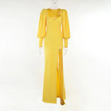 Women Lantern Sleeve Dresses High Split Square Collar Autumn 2021 Vintage Shrug Chic Party Wear Elegant Female