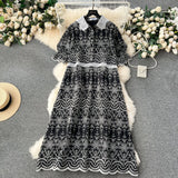 Heavy Industry Embroidered Lace Lapel Collision Color Splicing Loose Slim Long-Size Women's Holiday Dress-Outfit