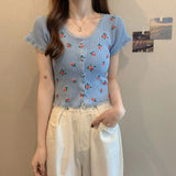 Sweet Embroidered Flower T-Shirt For Summer New Lace Splicing Short Cardigans In Repair Short-Sleeved
