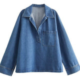 Fongt Women's Clothing INS Burst Fashion Loose Collar Long Sleeves Denim Blouse Trouser Cover