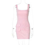 Satin Square Neck Mock Pocket Mini Dress-Outfit