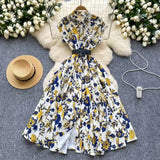 Fongt 2025 New Clip Short Sleeves Lightly Knee Vintage Printed Dress Elegant Waist Grand Slap