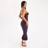 Solid Long Flared Two-piece Crop Sleeve Midi Dress-Outfit