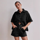 Fongt Summer Women's Casual Retro Loose Shirt Denim Shorts Set Denim